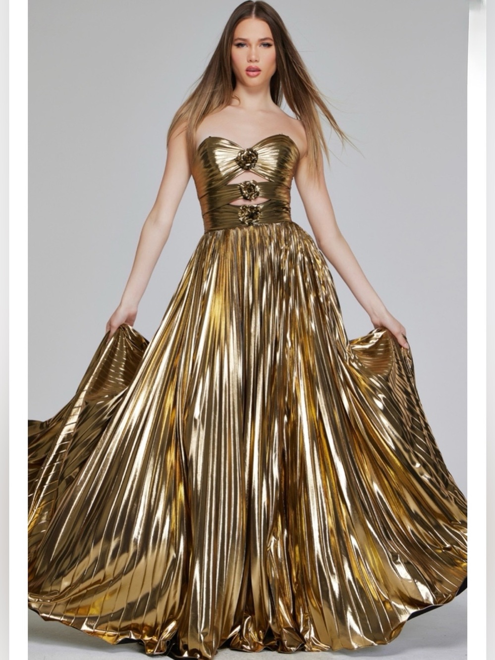 JOVANI Gold Metallic Pleated Strapless Floral Cut Out Prom Gown 42335 Size 0 - Picture 2 of 14